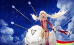  a-er_(akkij0358) altera_(fate) altera_the_santa bare_shoulders blue_sky boots bra choker christmas cloud cloudy_sky fate/grand_order fate_(series) headband highres holding open_mouth outdoors panties rainbow red_bra red_choker red_eyes red_footwear red_panties riding sheep short_hair silver_hair sitting sky solo star_(sky) starry_sky tattoo underwear veil 