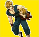  2boys :d arm_around_neck black_border blonde_hair border brothers carrying clothes_lift dougi dragon_ball dragonball_z green_hair happy looking_at_another lowres male_focus multiple_boys nitako open_mouth short_hair siblings simple_background sleeveless smile son_gohan son_goten spiked_hair super_saiyan wristband yellow_background 