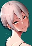  amano_don bangs bare_shoulders blush brown_eyes earrings eyebrows_visible_through_hair from_side green_background grey_hair head_tilt highres idolmaster idolmaster_cinderella_girls jewelry looking_at_viewer neck portrait shiomi_shuuko short_hair simple_background smile solo sparkle tsurime 