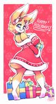 2017 anthro big_breasts blue_eyes breast_squish breasts butt_pose christmas clothed clothing costume dipstick_ears ear_piercing english_text female gift hi_res holidays lagomorph looking_at_viewer mammal markings maya piercing rabbit santa_costume secretly_saucy smile socks_(marking) solo text 