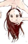  :o armpits bangs brown_hair commentary_request fingernails grey_eyes kawai_makoto looking_at_viewer nude original signature simple_background solo upper_body upside-down white_background 