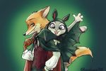  2016 anthro canine cape clothed clothing costume disney duo fangs female fox green_background happy hi_res judy_hopps kurokuma824 lagomorph looking_at_viewer male mammal nick_wilde open_mouth rabbit simple_background smile uniform vampire waving zootopia 