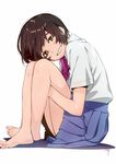  bare_legs barefoot blue_skirt blush_stickers bow bowtie brown_hair commentary crossed_legs from_side full_body green_eyes grey_shirt head_on_knees head_tilt kawai_makoto leg_hug looking_at_viewer looking_to_the_side original pink_neckwear pleated_skirt shirt short_hair short_sleeves simple_background sitting skirt smile solo white_background 