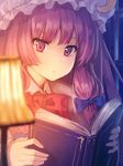  blurry book bow crescent crescent_moon_pin depth_of_field frown hair_ribbon hat highres lamp long_hair mob_cap patchouli_knowledge purple_eyes purple_hair ribbon ryokucha_manma solo touhou 