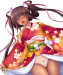  1girl aoi_nagisa_(metalder) bare_legs breasts brown_hair curvy dark_skin dress female happy kimono long_hair looking_at_viewer mizuki_yukikaze naughty_face open_mouth partially_visible_vulva pussy_juice saliva shiny simple_background small_breasts smile solo taimanin_(series) taimanin_asagi_battle_arena taimanin_yukikaze tan tanline thong tongue_out twintails very_long_hair white_background 