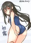  adjusting_clothes adjusting_swimsuit ass black_hair blush embarrassed hatsushimo_(kantai_collection) kantai_collection long_hair low-tied_long_hair red_eyes solo sou_(soutennkouchi) swimsuit twitter_username 