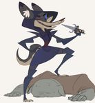  anthro blue_eyes canine clothed clothing dagger death dog female fully_clothed grin hand_on_hip hood inner_ear_fluff lenyavok looking_at_viewer mammal melee_weapon one_eye_closed pose smile solo_focus troll victory weapon wink 