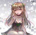  arm_support bangs bare_arms blush bow breasts brown_hair choker collarbone commentary_request covered_nipples double_bun dress eating eyebrows_visible_through_hair food girls_frontline green_eyes hair_bow holding_pocky legs_together long_hair looking_at_viewer medium_breasts mirutu no_bra pinky_out pocky rfb_(girls_frontline) shiny shiny_hair signature sitting smile solo 