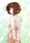  arms_behind_back bangs blush brown_eyes brown_hair closed_mouth copyright_request eyebrows_visible_through_hair fingernails from_behind grey_sweater kawai_makoto light_rays long_sleeves looking_at_viewer looking_back short_hair signature smile solo standing sweater 