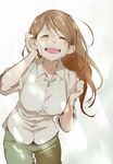  :d blush breasts brown_hair closed_eyes collared_shirt commentary_request cowboy_shot crying eyebrows_visible_through_hair green_pants grey_shirt hair_tucking hand_up kawai_makoto large_breasts leaning_forward long_hair open_mouth original pants shirt sleeves_rolled_up smile solo standing tears wing_collar 