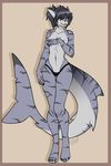  anthro areola athletic black_hair blush breasts clothed clothing female fish hair hiddenwolf marine navel nipples orange_eyes panties partially_clothed shark simple_background smile solo stripes tongue tongue_out topless underwear 
