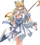  ahoge blonde_hair blue_eyes breasts choker cleavage dress highres huge_ahoge huge_breasts light_smile long_hair looking_at_viewer masao original polearm polearm_behind_back simple_background solo spear standing weapon white_background white_dress 
