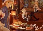  3girls :d ahoge artoria_pendragon_(all) bare_arms bare_shoulders black_bow black_footwear black_hat blonde_hair blue_dress blue_hat blurry boa_(brianoa) boots bow bowtie brown_legwear cake candle couch depth_of_field dress eating english eyebrows_visible_through_hair fate/grand_order fate_(series) fire fireplace food fur_trim gift green_eyes hair_bow hat high_heel_boots high_heels indoors looking_at_viewer merry_christmas multiple_girls open_mouth painting_(object) pantyhose plate ponytail puffy_short_sleeves puffy_sleeves reclining saber saber_alter saber_lily santa_alter santa_costume santa_hat short_dress short_hair short_sleeves sitting smile standing table thigh_boots thighhighs white_hat yellow_eyes 