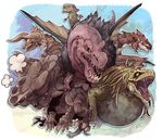  barroth blue_eyes chibi claws closed_mouth commentary_request diablos dragon elsass full_body fur great_jagras horns jyuratodus looking_at_viewer looking_to_the_side monster_hunter monster_hunter:_world no_humans nostrils open_mouth rathalos red_eyes scales sharp_teeth slit_pupils teeth wyvern yellow_eyes 