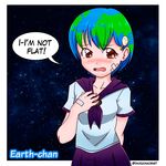 bandaid blush brown_eyes commentary earth-chan english hair_ornament hairpin hand_on_own_chest highres multicolored_hair original personification school_uniform short_hair solo space star_(sky) twitter_username wavy_mouth 