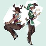  animal_humanoid brown_hair cervine christmas clothed clothing duo feathers female freckles hair hat holidays hooves horn humanoid humanoid_hands loose_feather makkon mammal quill reindeer satyr short_tail simple_background sitting standing vest 