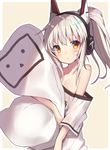  :o animal_ears ayanami_(azur_lane) azur_lane bare_shoulders blush collarbone commentary_request headphones high_ponytail highres light_brown_hair long_hair looking_at_viewer niconico off-shoulder_shirt orange_eyes parted_lips pillow pillow_hug ponytail shirt short_sleeves solo terebi-chan usamata white_shirt 
