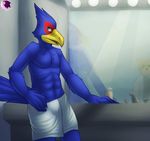  2016 abs anthro avian biceps bird blue_eyes clothed clothing falco_lombardi male muscular naked_towel nintendo pecs pheonixbat pose star_fox topless towel video_games 