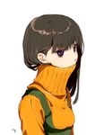  bangs closed_mouth commentary_request enpera from_side kawai_makoto long_hair long_neck long_sleeves looking_at_viewer looking_to_the_side orange_sweater original overalls purple_eyes scarf signature slit_pupils solo sweater turtleneck upper_body 