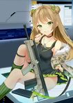 :q absurdres ahoge armpit_crease assault_rifle asymmetrical_legwear bangs black_gloves blush bow breasts brown_hair bullet bullpup choker collarbone commentary_request dog_tags double_bun dress eyebrows_visible_through_hair finger_to_mouth fingerless_gloves fur-trimmed_jacket fur_trim girls_frontline gloves green_bow green_eyes gun hair_bow head_tilt highres indoors jacket jewelry knee_up long_hair long_sleeves looking_at_viewer magazine_(weapon) medium_breasts necklace open_clothes open_jacket rfb_(girls_frontline) rifle sidelocks sitting sitting_on_object skirt skirt_lift smile solo striped striped_legwear thigh_strap thighs tongue tongue_out weapon wz_shuizha_q 