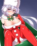  bare_shoulders blush breasts brooch chair christmas cleavage closed_mouth commentary_request dutch_angle etan14 frown fur_trim gloves hair_ornament hat highres jewelry large_breasts lavender_hair leotard long_hair looking_at_viewer looking_to_the_side purple_eyes red_legwear red_leotard senki_zesshou_symphogear senki_zesshou_symphogear_xd_unlimited shiny shiny_clothes shiny_hair shiny_skin sitting solo strapless strapless_leotard thighhighs twintails yukine_chris 