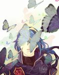  blue_hair blurry bug butterfly cape covered_eyes earrings facing_viewer fire_emblem fire_emblem:_kakusei flower highres insect jewelry long_hair lucina parted_lips simple_background solo stud_earrings tiara upper_body wind wings z_hard 