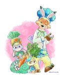  anthro apron backpack beret canine carrot chef chef_hat clothed clothing disney dress female fennec finnick food fox fur group half-closed_eyes hat hi_res judy_hopps kurokuma824 lagomorph looking_at_viewer male mammal nick_wilde on_one_leg one_eye_closed onion rabbit sitting standing vegetable wink zootopia 