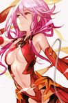  arched_back armpits bare_shoulders breasts closed_mouth detached_sleeves dress grey_background guilty_crown hair_between_eyes hand_up hankuri large_breasts leaning_forward leotard long_hair long_sleeves looking_afar looking_away low_twintails navel pink_hair red_dress red_eyes red_leotard simple_background solo standing twintails upper_body yuzuriha_inori 