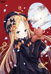  abigail_williams_(fate/grand_order) bangs black_bow black_dress black_hat blonde_hair blue_eyes blue_sky blush bow closed_mouth cloud commentary_request dress fate/grand_order fate_(series) forehead hair_bow hat highres holding holding_stuffed_animal key keyhole kkumon long_hair long_sleeves looking_at_viewer looking_to_the_side orange_bow parted_bangs petals polka_dot polka_dot_bow red_background signature sky sleeves_past_fingers sleeves_past_wrists solo stuffed_animal stuffed_toy sunlight teddy_bear very_long_hair window 