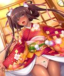  1girl aoi_nagisa_(metalder) bare_legs breasts brown_hair curvy dark_skin dress female happy kimono long_hair looking_at_viewer mizuki_yukikaze naughty_face open_mouth partially_visible_vulva pussy_juice saliva shiny small_breasts smile solo taimanin_(series) taimanin_asagi_battle_arena taimanin_yukikaze tan tanline thong tongue_out twintails very_long_hair 