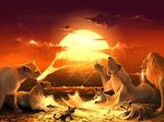  ambiguous_gender aquasixio bite clawing claws cloud cracked_earth cub desert feline female feral flying group lion male mammal outside reclining red_theme ripping standing sun sunset surreal young 