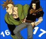  2boys android_16 android_17 belt black_border black_hair black_shirt blue_background blue_eyes border character_name denim dragon_ball dragonball_z expressionless fingernails hands_in_pockets jeans long_sleeves looking_away lowres male_focus mohawk multiple_boys neckerchief nitako number orange_neckwear pants profile red_hair red_ribbon_army serious shirt short_hair simple_background 