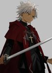  amakusa_shirou_(fate) bad_id bad_tumblr_id black_jacket cape closed_mouth cross cross_necklace dark_skin dark_skinned_male earrings fate/apocrypha fate_(series) grey_background hirota_tsuu holding holding_sword holding_weapon jacket jewelry light_smile long_sleeves male_focus necklace red_cape silver_hair simple_background sword tassel upper_body weapon yellow_eyes 