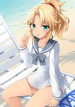  absurdres bad_id bad_pixiv_id beach_chair blonde_hair braid dress fate/grand_order fate_(series) green_eyes hair_ornament hair_scrunchie highres long_hair long_sleeves mordred_(fate)_(all) mordred_(swimsuit_rider)_(fate) nomu_ra_nomu ponytail red_bikini_top red_scrunchie sailor_dress scrunchie see-through shadow solo 
