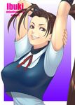  arms_up breasts brown_eyes brown_hair character_name grin ibuki_(street_fighter) ken19941028 large_breasts long_hair ponytail smile solo street_fighter street_fighter_v upper_body very_long_hair 
