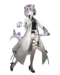  1girl clipboard commentary_request compsaurus doctor ear_piercing fagi_(kakikaki) heterochromia high_heels highres lab_coat madtown_gta mole mole_under_mouth multicolored_hair piercing pointy_ears scissors short_hair shorts solo stethoscope streaked_hair tail uniraid virtual_youtuber white_background 