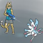 animated anthro biped canid cheetah claws clothed clothing countershade_torso countershading dawn_(dawnlux) dawnlux digital_media_(artwork) duo eeveelution fan_character feet felid feline female feral fingers fur generation_6_pokemon gradient_background grey_background gun hair halo_(series) holding_gun holding_object holding_ranged_weapon holding_weapon joseph_von_carstein male male/female mammal markings microsoft multicolored_body multicolored_fur nintendo open_mouth pained_expression plasma_gun pokemon pokemon_(species) ranged_weapon shiny_pokemon shooting shooting_gun simple_background spots sylveon tail toes topwear tuft weapon white_body xbox_game_studios