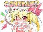  blush commentary continue embarrassed english flandre_scarlet full-face_blush hat hat_ribbon holding mob_cap red_ribbon ribbon shinapuu shy simple_background solo touhou upper_body white_background white_hat wings yes yes-no_pillow 