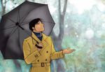  amestris_military_uniform belt black_eyes black_hair blurry blurry_background brown_coat coat fullmetal_alchemist grey_umbrella looking_up male_focus military military_uniform outstretched_hand roy_mustang serious short_hair simple_background smile solo standing tree umbrella uniform urikurage 