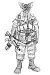  anthro armor black_and_white cat feline gun hladilnik male mammal military monochrome ranged_weapon rifle sphinx weapon 