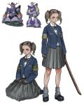  1girl armband bilingual_commentary black_bow black_bowtie black_gloves black_shoes blazer blue_jacket bokken bow bowtie closed_mouth collared_shirt commentary dress_shirt english_commentary fingerless_gloves full_body gloves grey_hair grey_skirt grey_socks gundam gundam_msv hair_ornament hair_ribbon hairclip holding holding_sword holding_weapon humanization jacket korean_commentary long_sleeves loose_socks mixed-language_commentary mobile_suit_gundam original perfect_zeong photoshop_(medium) pleated_skirt red_ribbon reference_inset ribbon school_uniform seiza shirt shoes simple_background sitting skirt smile socks standing sword tahra twintails weapon white_background white_shirt wooden_sword zeong 