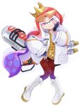  1girl boots braid commentary_request fingerless_gloves gatling_gun gloves gradient_hair highres hydra_splatling_(splatoon) inkling inkling_girl inkling_player_character jacket leggings long_hair multicolored_hair orange_hair pink_eyes pointy_ears psya_ma purple_hair red_leggings simple_background solo splatoon_(series) splatoon_3 standing tentacle_hair very_long_hair weapon white_background white_boots white_jacket 