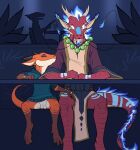 anthro antlers barbel_(anatomy) bedroom_eyes blue_body blue_fur bottomless bottomless_anthro bottomless_female bracelet brown_body brown_scales citrus_(flamespitter) claws clothed clothing countershade_torso countershading digitigrade dragon duo_focus eastern_dragon fangs female finger_claws flamespitter flesh_whiskers fur genitals gloves_(marking) green_clothing green_eyes green_hoodie green_topwear group hand_on_leg hand_on_thigh hi_res hoodie horn jewelry kobold larger_male leg_markings looking_at_another male male/female markings mythological_creature mythological_scalie mythology narrowed_eyes orange_body orange_scales red_body red_scales ring_(jewelry) scales scalie seductive sitting size_difference smaller_female smile snout socks_(marking) spread_legs spreading surprised teeth toe_claws topwear vulva yellow_eyes