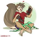  2017 anthro barefoot clothed clothing digital_media_(artwork) fur green_eyes grey_fur grey_hair hair male mammal rodent simple_background sitting smile solo squirrel white_background zummeng 