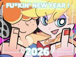  1boy 1girl 2026 blonde_hair blue_eyes blue_jacket breasts brief_(psg) censored_profanity cleavage couple dress earrings english_text freckles gm_chp hair_over_eyes happy happy_new_year headphones highres hoop_earrings jacket jewelry long_hair looking_at_viewer middle_finger multicolored_hair official_style open_mouth orange_hair panty_&amp;_stocking_with_garterbelt panty_(psg) profanity purple_background red_dress red_nails shirt short_hair smile two-tone_hair white_shirt 