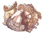 1girl animal_ears bloomers brown_dress brown_hair brown_socks cat_ears chipie_0114 commentary_request dress full_body highres long_hair looking_at_viewer lying on_back original socks solo teapot 