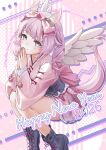  1girl animal_ears blue_eyes boots bow chinese_zodiac closed_mouth commentary_request floral_print grey_boots hair_bow happy_new_year horse_ears horse_girl horse_tail japanese_clothes kimono lace-up_boots long_sleeves looking_at_viewer ne-on nengajou new_year original own_hands_together palms_together pink_bow pink_kimono pink_skirt print_bow print_shirt purple_hair ringlets shirt skirt smile solo tail twintails white_wings wide_sleeves wings year_of_the_horse 
