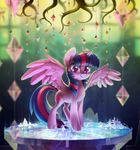  2017 blurred_background castle celebi-yoshi crystals cute cutie_mark equine eyelashes feathered_wings feathers female friendship_is_magic hair horn inside looking_at_viewer makeup mammal mascara multicolored_hair my_little_pony pose purple_eyes roots smile solo sparkles spread_wings table tree twilight_sparkle_(mlp) window winged_unicorn wings 