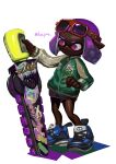  1girl blue_shoes clenched_hand commentary_request dark-skinned_female dark_skin eyewear_on_head highres holding holding_weapon inkling inkling_girl inkling_player_character jacket ka_pus letterman_jacket pink_eyes pointy_ears purple_hair shoes simple_background smile solo splatana_stamper_(splatoon) splatoon_(series) splatoon_3 standing tentacle_hair weapon white_background 