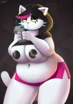  2018 4_fingers anthro areola belly big_belly big_breasts black_hair black_nipples breasts cat catti_(deltarune) cellphone clothed clothing deep_navel deltarune digital_media_(artwork) don_ko ear_piercing eyeshadow feline female hair hi_res holding_object holding_phone looking_at_viewer makeup mammal navel nipples overweight overweight_female phone piercing pink_nose shorts solo thick_thighs voluptuous wide_hips yellow_sclera 